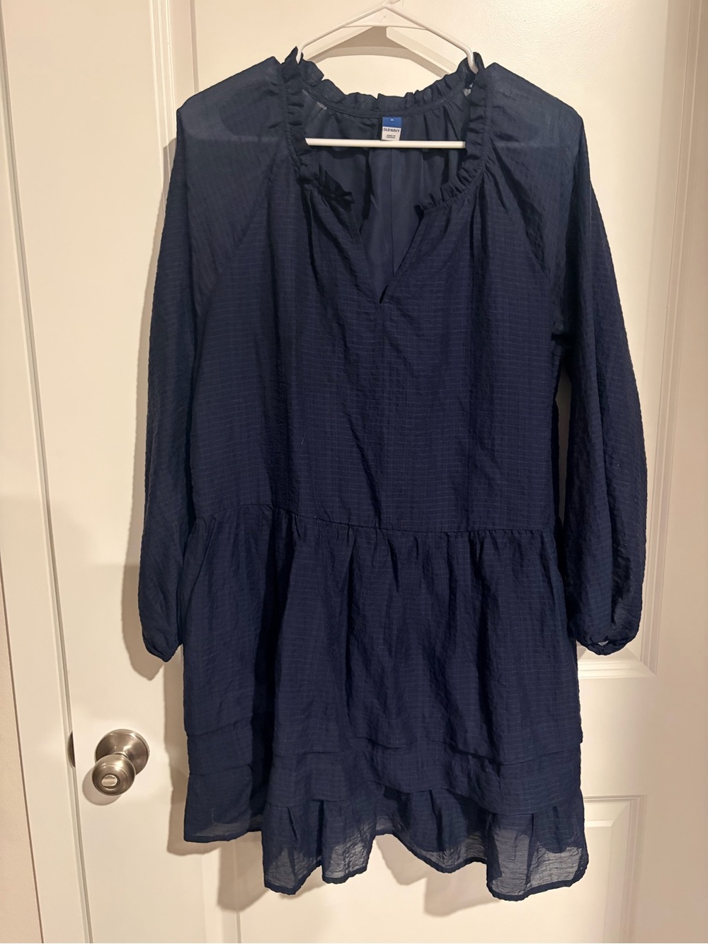 Navy Ruffle Tiered Long Sleeve Peasant Dress